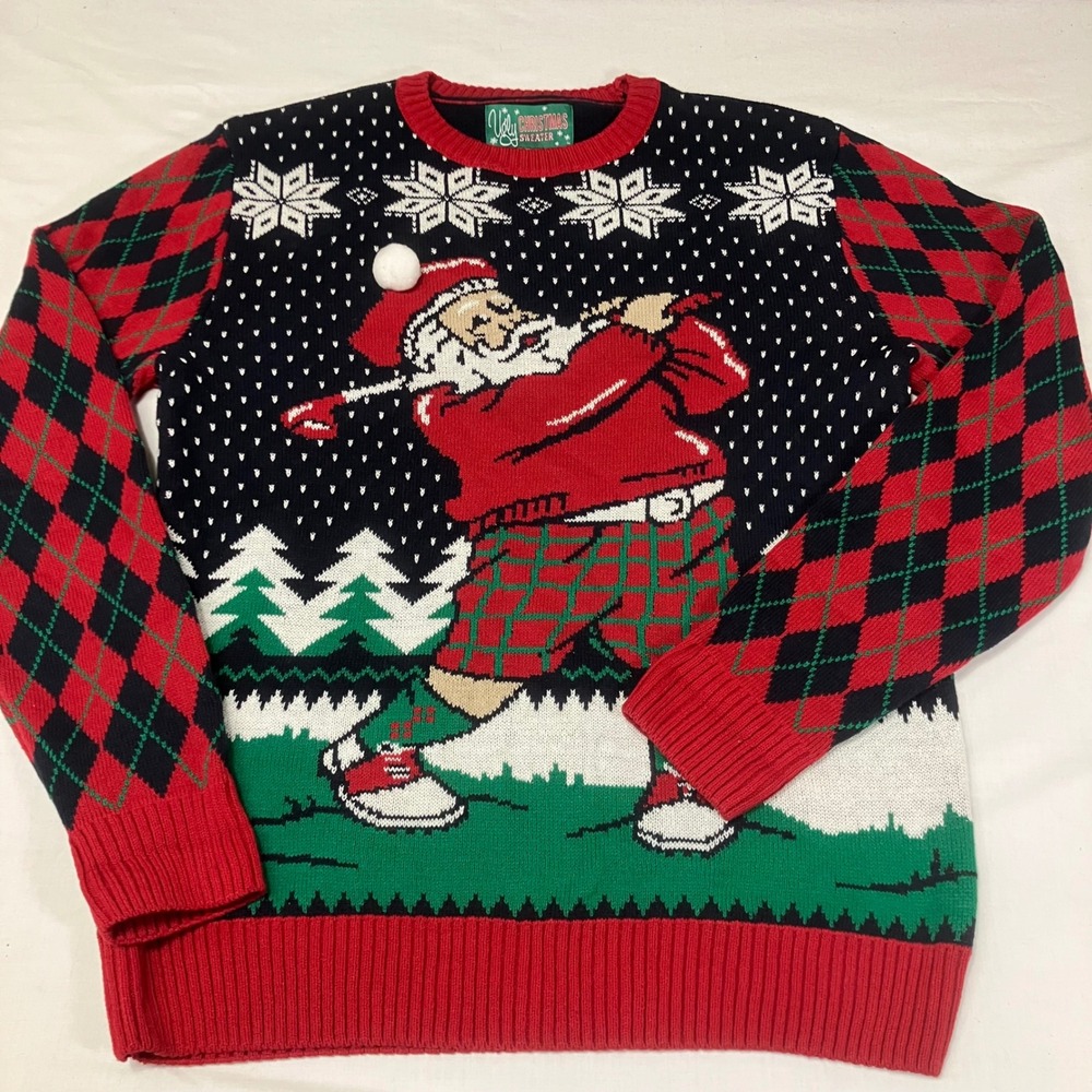 Ugly Christmas Sweater Mens Large Golfing Santa Argyle Sleeve Pullover Kitschy